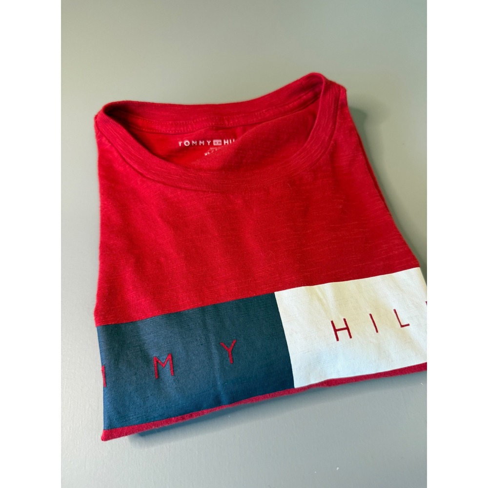 Tommy Hilfiger Mens XL Red Colorblock Logo Stripe Slub Cotton T-Shirt
